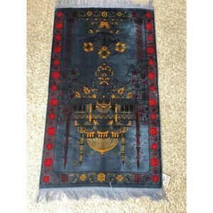 Vintage Turkish Prayer Rug Mosque Design Blue Fringe Islamic Sajadah